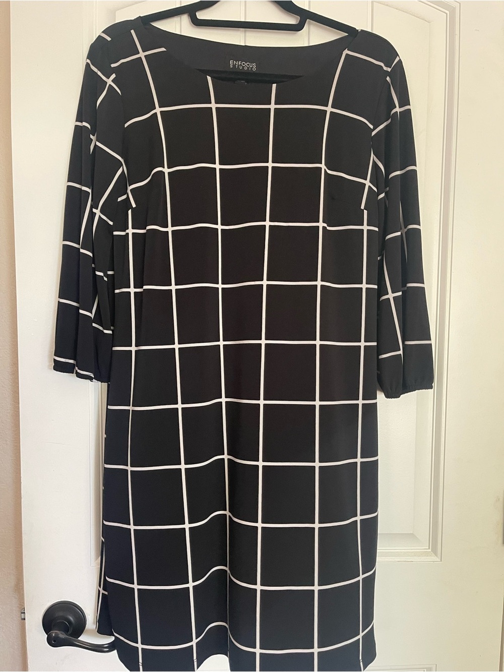 Enfocus Studio Black and White Grid Midi Shift Dress